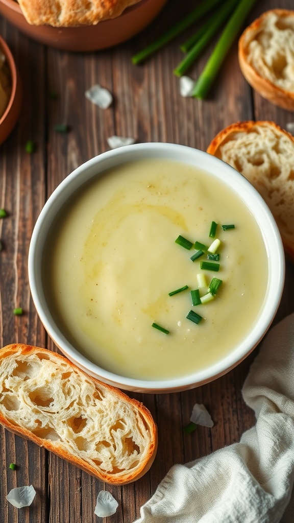 A bowl of creamy potato leek soup garnished with chives on a rustic table with bread.